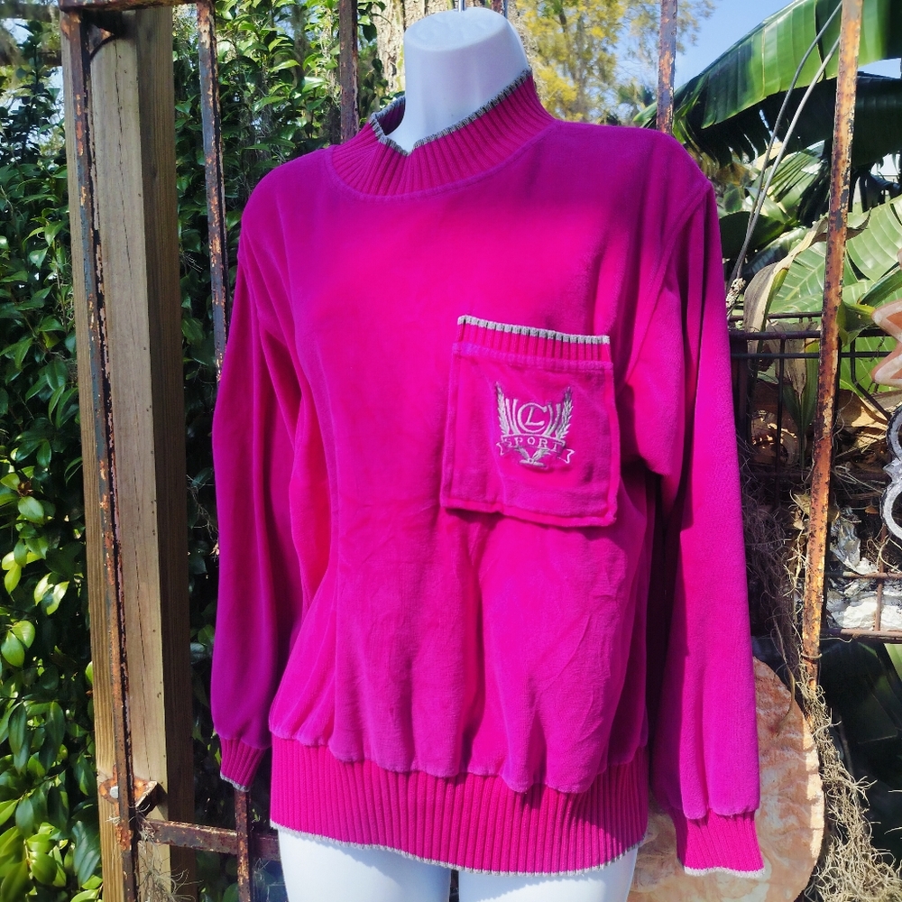 90s Vintage Liz Sport Luscious Soft Velour Fuschia Shirt Sweater M